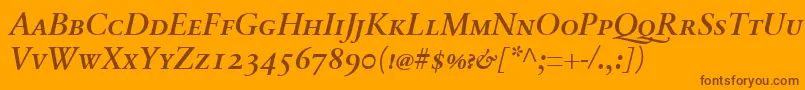 Weitere Informationen zur SabonnextLtDemiItalicSmallCaps-Schriftart SabonnextLtDemiItalicSmallCaps-Schriftart – Braune Schriften auf orangefarbenem Hintergrund