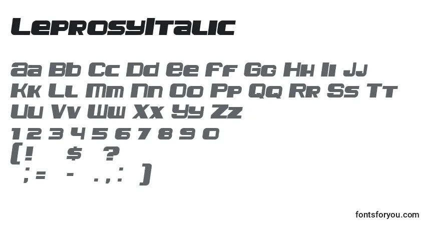Schriftart LeprosyItalic – Alphabet, Zahlen, spezielle Symbole