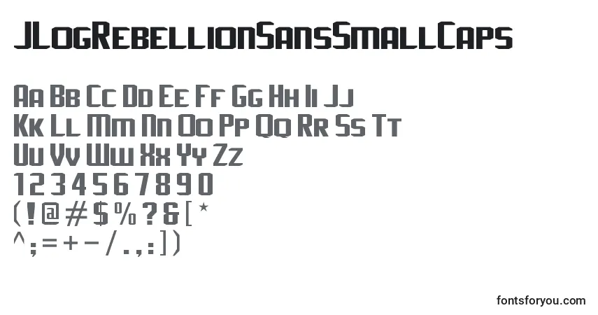 A fonte JLogRebellionSansSmallCaps – alfabeto, números, caracteres especiais