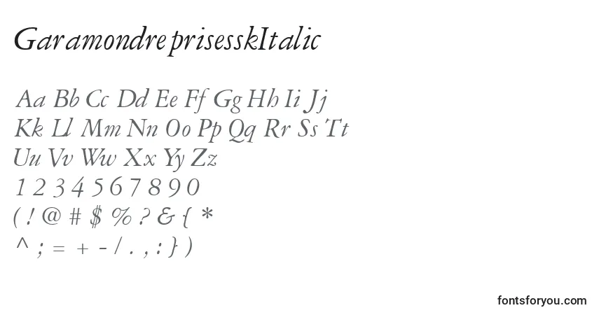 A fonte GaramondreprisesskItalic – alfabeto, números, caracteres especiais
