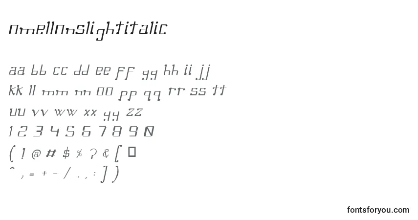 A fonte OmellonsLightitalic – alfabeto, números, caracteres especiais