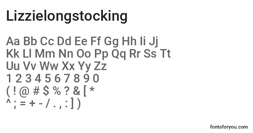 Czcionka Lizzielongstocking – alfabet, cyfry, specjalne znaki