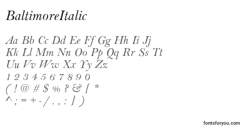 Шрифт BaltimoreItalic – алфавит, цифры, специальные символы