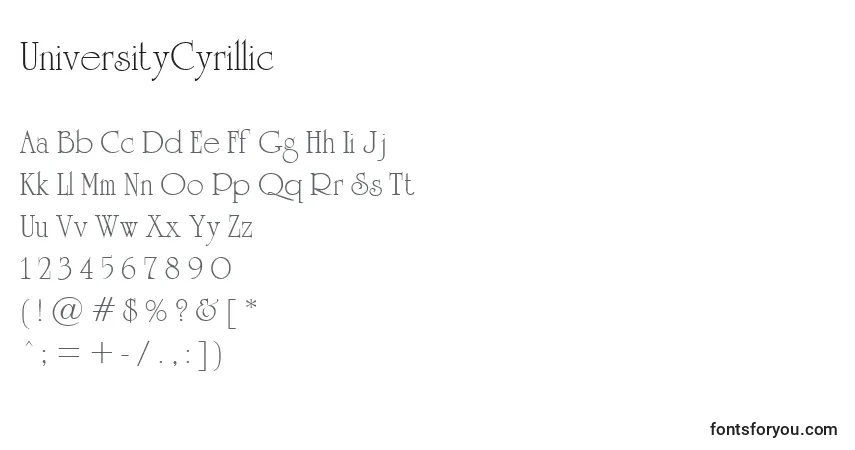 Schriftart UniversityCyrillic – Alphabet, Zahlen, spezielle Symbole