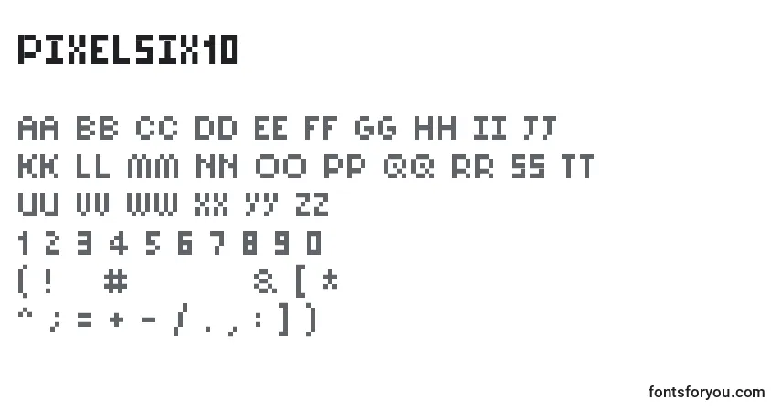 Czcionka Pixelsix10 – alfabet, cyfry, specjalne znaki