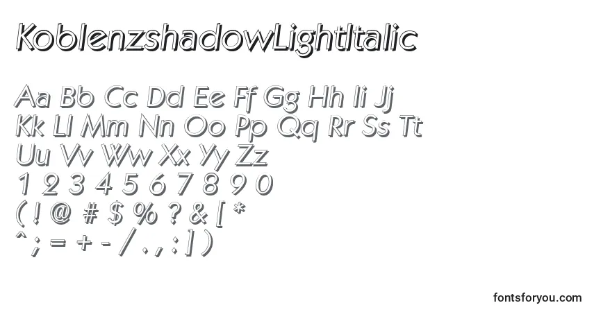 A fonte KoblenzshadowLightItalic – alfabeto, números, caracteres especiais