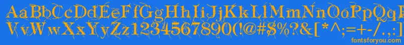 フォントTypographyTiesRegular – オレンジ色の文字が青い背景にあります。