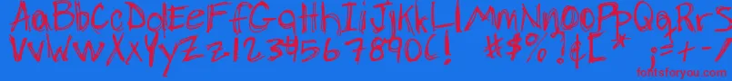 DjbChickenSkratchez-Schriftart – Rote Schriften auf blauem Hintergrund