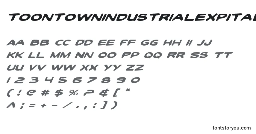A fonte ToonTownIndustrialExpItal – alfabeto, números, caracteres especiais