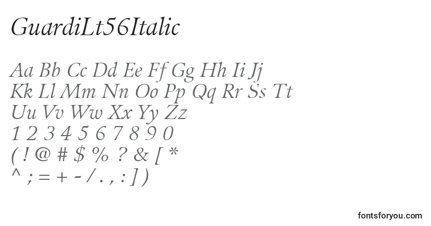 A fonte GuardiLt56Italic – alfabeto, números, caracteres especiais