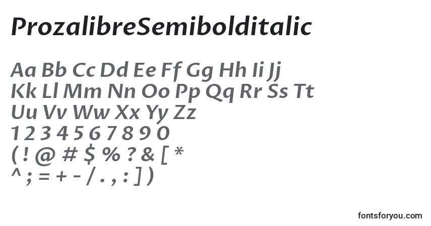 A fonte ProzalibreSemibolditalic – alfabeto, números, caracteres especiais