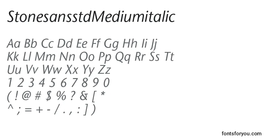 A fonte StonesansstdMediumitalic – alfabeto, números, caracteres especiais
