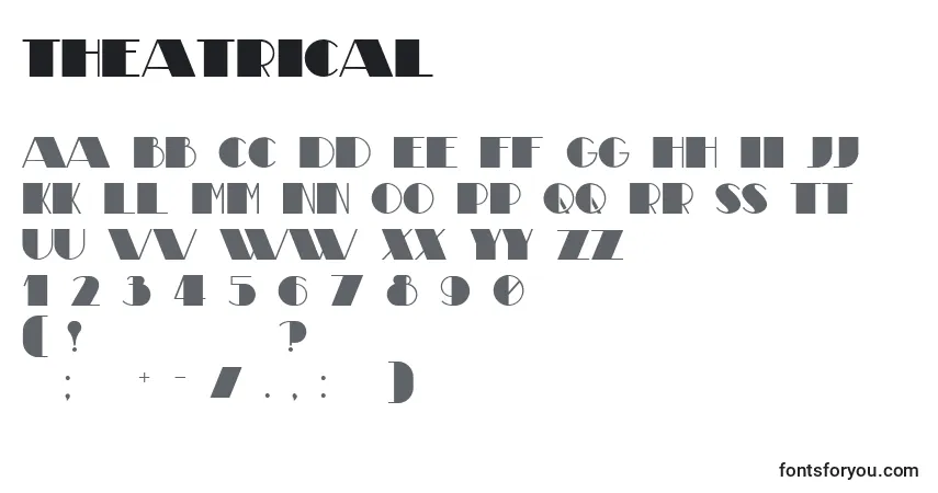 A fonte Theatrical – alfabeto, números, caracteres especiais