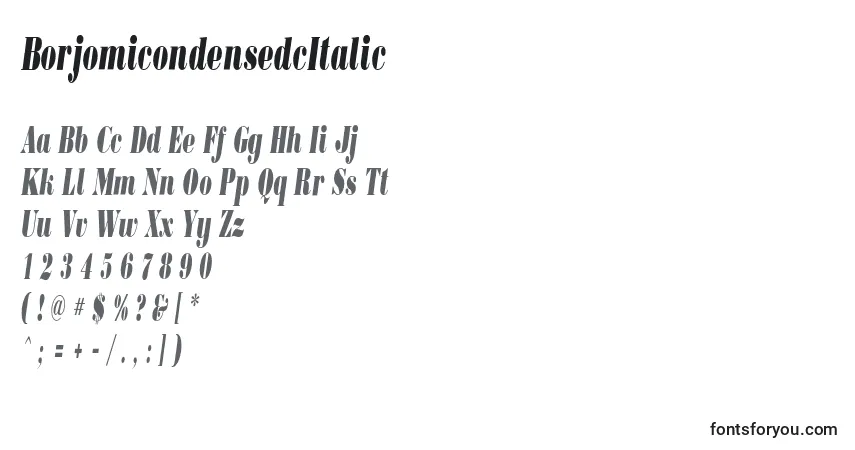 Czcionka BorjomicondensedcItalic – alfabet, cyfry, specjalne znaki