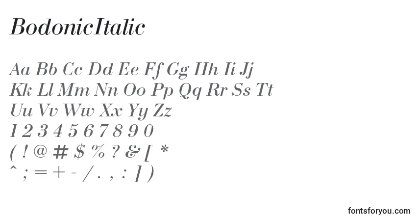 A fonte BodonicItalic – alfabeto, números, caracteres especiais