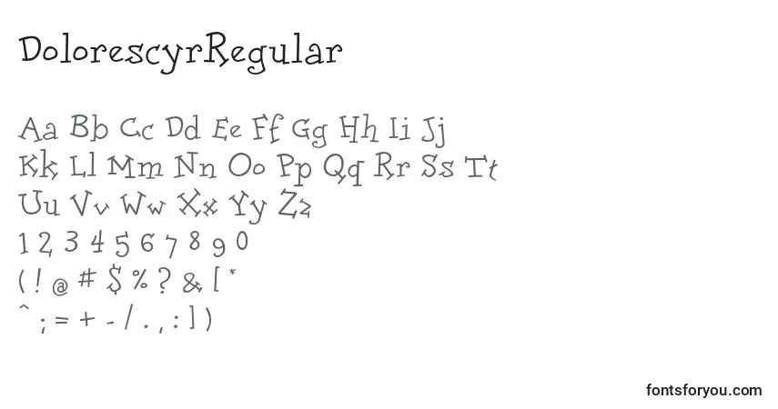 A fonte DolorescyrRegular – alfabeto, números, caracteres especiais