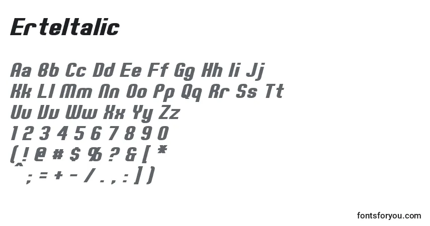 Czcionka ErteItalic – alfabet, cyfry, specjalne znaki