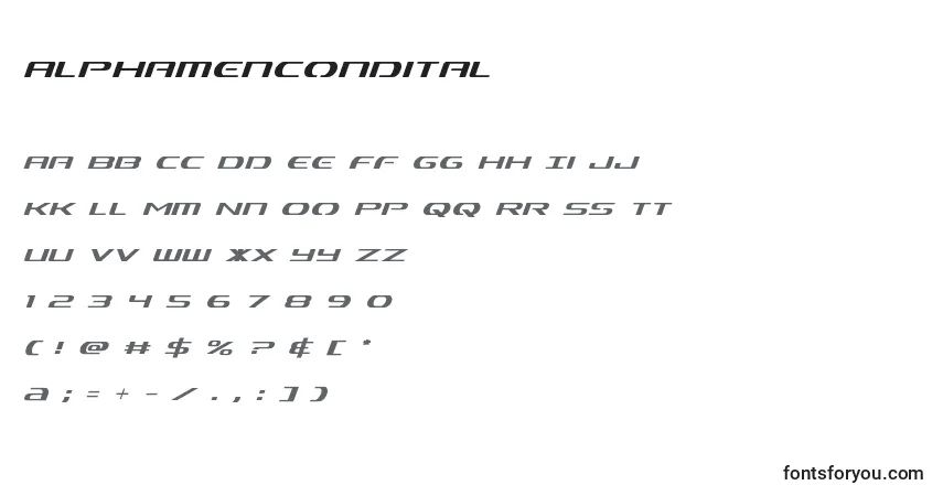 Schriftart Alphamencondital – Alphabet, Zahlen, spezielle Symbole
