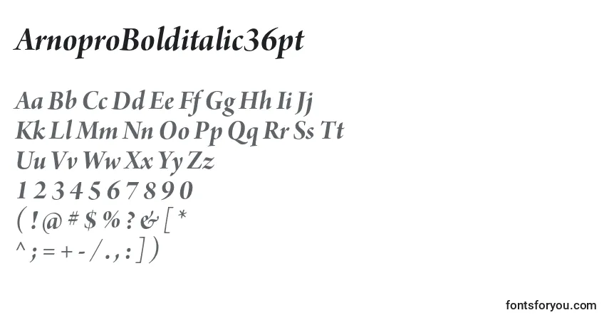 A fonte ArnoproBolditalic36pt – alfabeto, números, caracteres especiais