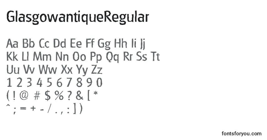 Czcionka GlasgowantiqueRegular – alfabet, cyfry, specjalne znaki