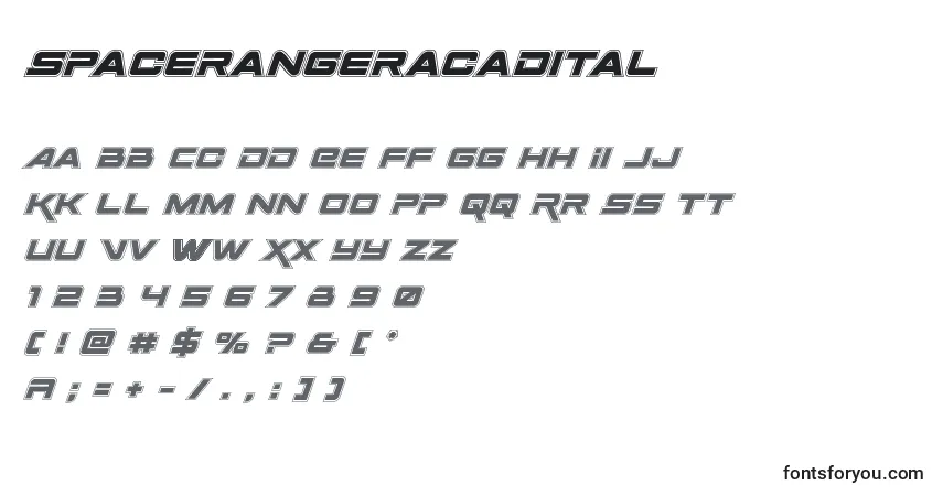 Schriftart Spacerangeracadital – Alphabet, Zahlen, spezielle Symbole
