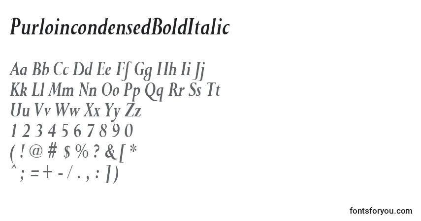Schriftart PurloincondensedBoldItalic – Alphabet, Zahlen, spezielle Symbole