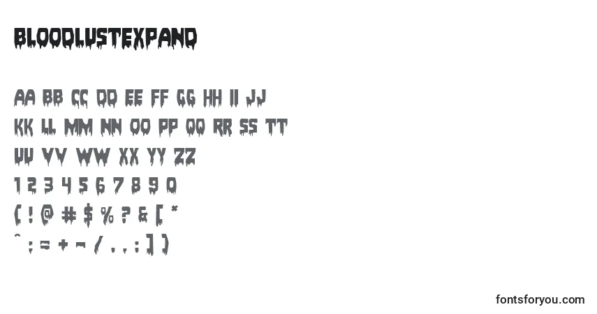 Czcionka Bloodlustexpand – alfabet, cyfry, specjalne znaki