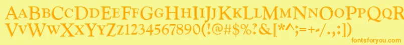 フォントGoudyhandcd – オレンジの文字が黄色の背景にあります。