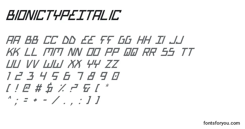 Schriftart BionicTypeItalic – Alphabet, Zahlen, spezielle Symbole