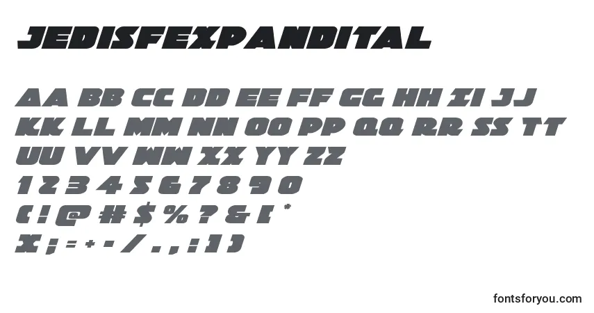 Czcionka Jedisfexpandital – alfabet, cyfry, specjalne znaki