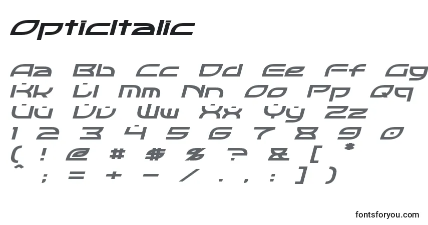 A fonte OpticItalic – alfabeto, números, caracteres especiais