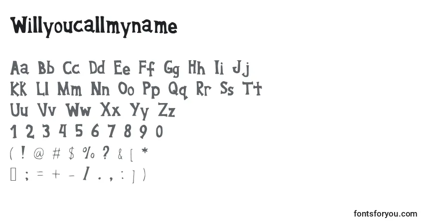 Schriftart Willyoucallmyname – Alphabet, Zahlen, spezielle Symbole