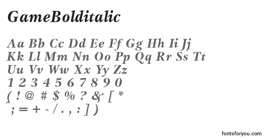 Czcionka GameBolditalic – alfabet, cyfry, specjalne znaki