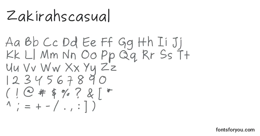 A fonte Zakirahscasual – alfabeto, números, caracteres especiais
