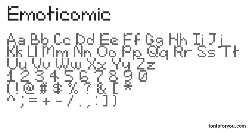 Czcionka Emoticomic – alfabet, cyfry, specjalne znaki