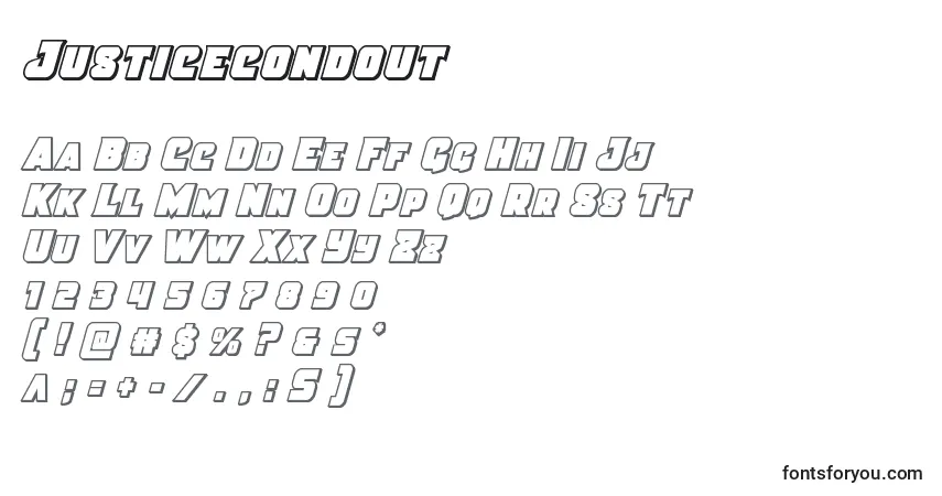 Czcionka Justicecondout – alfabet, cyfry, specjalne znaki
