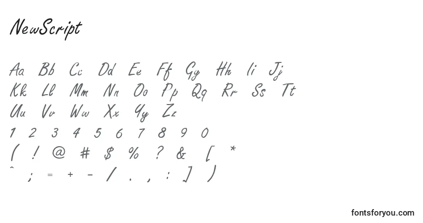 Schriftart NewScript – Alphabet, Zahlen, spezielle Symbole