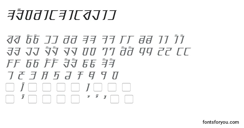 Schriftart ExoditeItalic – Alphabet, Zahlen, spezielle Symbole