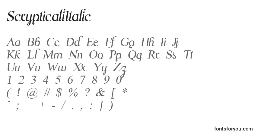 Czcionka ScrypticaliItalic – alfabet, cyfry, specjalne znaki
