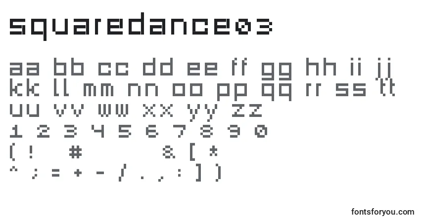 Czcionka Squaredance03 – alfabet, cyfry, specjalne znaki
