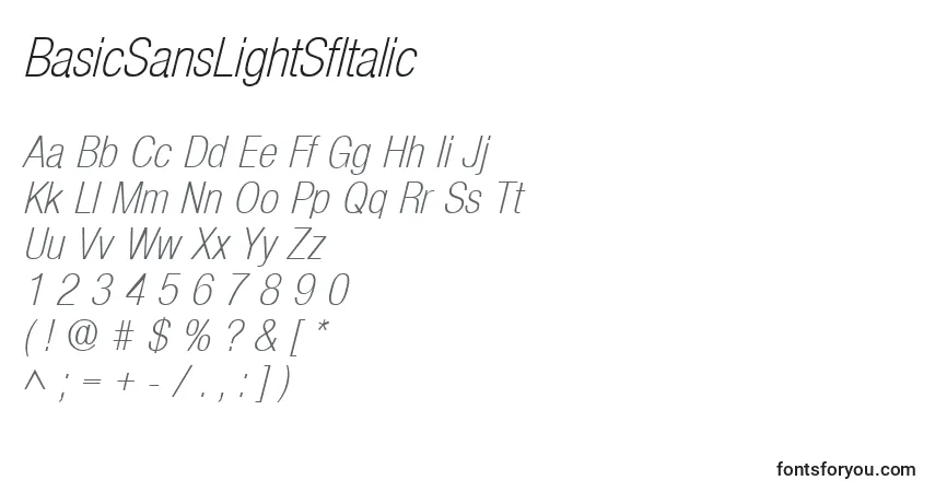 A fonte BasicSansLightSfItalic – alfabeto, números, caracteres especiais