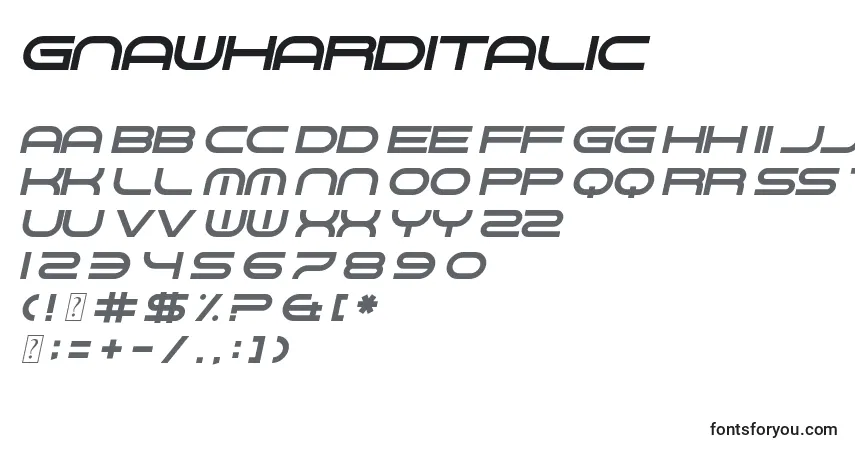 A fonte GnawHardItalic – alfabeto, números, caracteres especiais