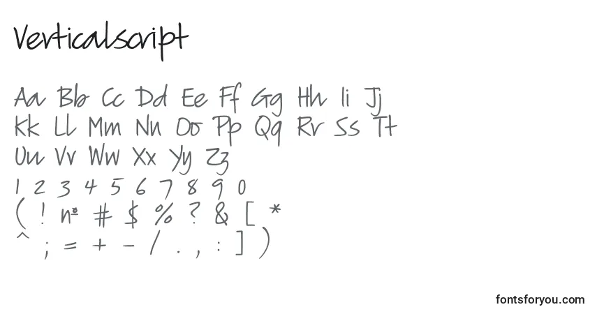 Verticalscript-fontti – aakkoset, numerot, erikoismerkit