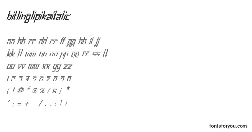 Schriftart BitlinglipikaItalic – Alphabet, Zahlen, spezielle Symbole