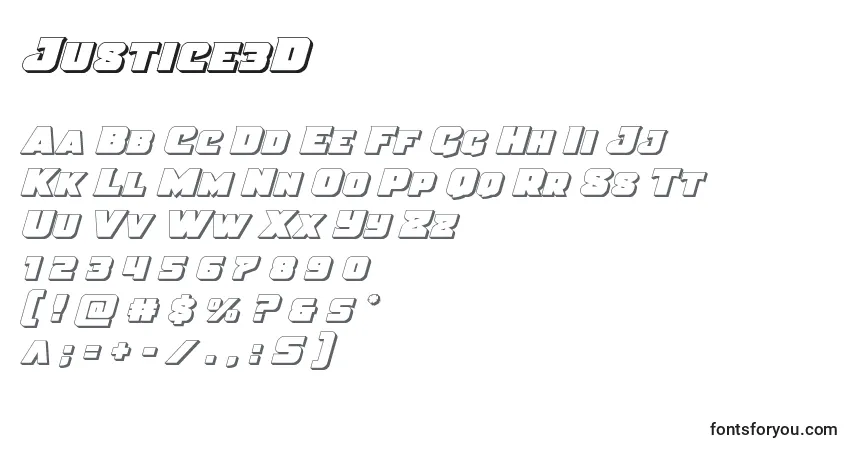 Czcionka Justice3D – alfabet, cyfry, specjalne znaki