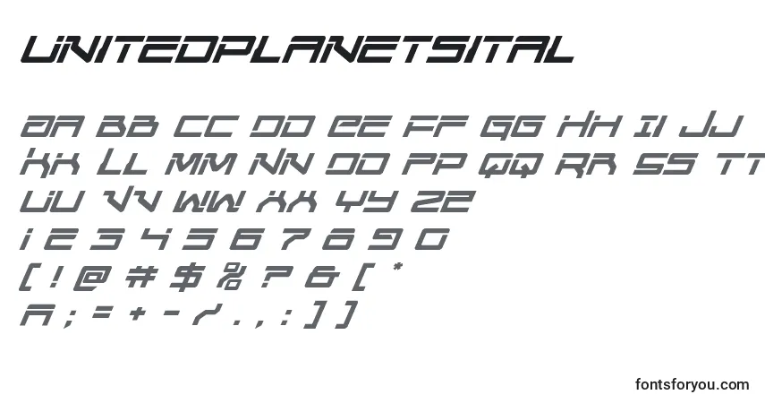 Шрифт Unitedplanetsital – алфавит, цифры, специальные символы
