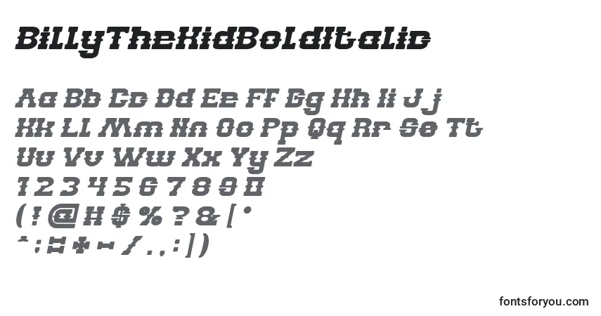 Czcionka BillyTheKidBoldItalic – alfabet, cyfry, specjalne znaki