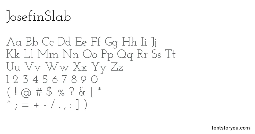 A fonte JosefinSlab – alfabeto, números, caracteres especiais