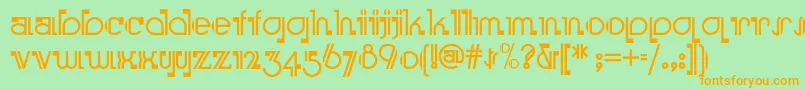 フォントBoomeringuenf – オレンジの文字が緑の背景にあります。