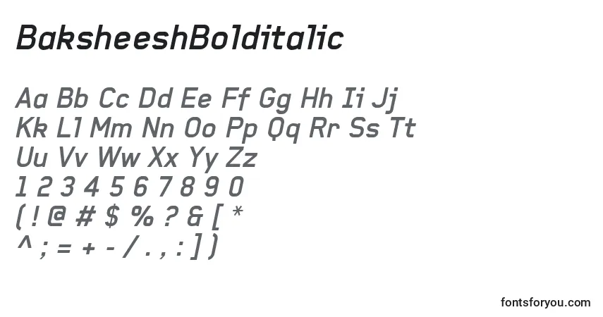 Schriftart BaksheeshBolditalic – Alphabet, Zahlen, spezielle Symbole